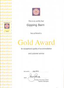 Quality in Tourism Gold Award for Gipping Barn, one of our luxury holiday cottages in Suffolk