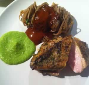 Duck Breast with Soba Noodles & Enoki Mushrooms, Pea Puree' and Soy Foam