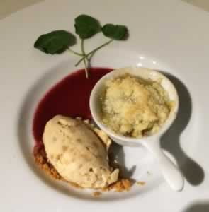 Pear & Thyme Crumble, Toffee Apple Ice Cream, Blue Nasturtiums at the Pop Up Restaurant at Woodfarm House & Barns - Luxurious and Romantic, Self-Catering, Dog-Friendly Holiday Cottages in the Heart of the Rural Suffolk Countryside