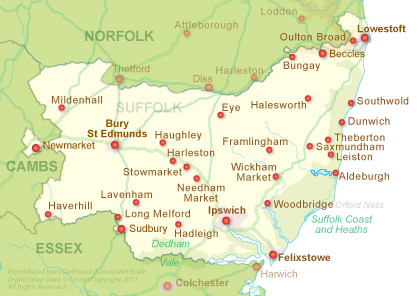 Suffolk Map with our cottages at the heart