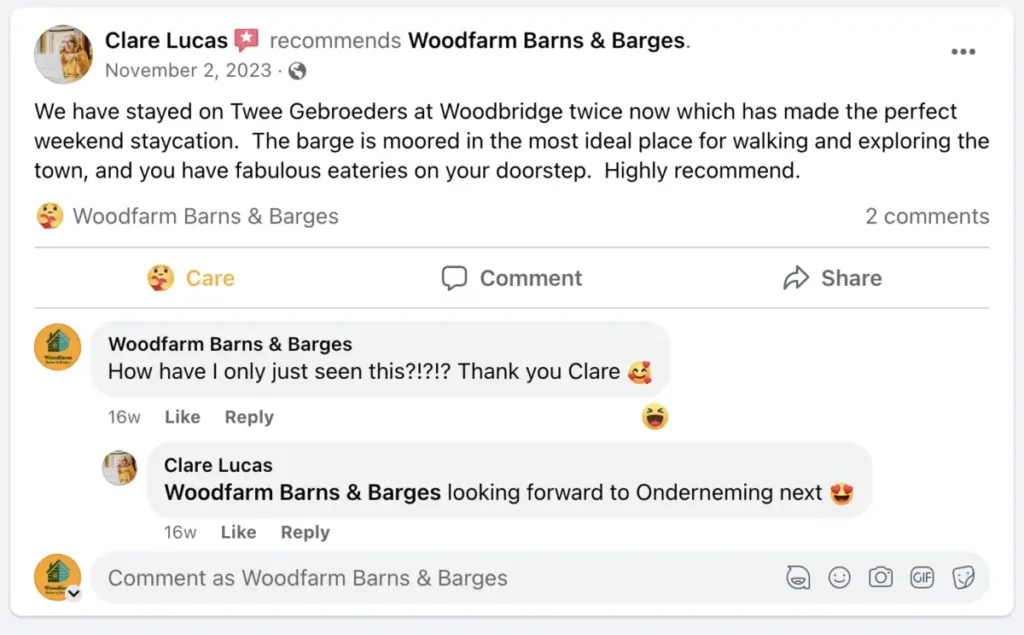 Five Star Facebook review of Woodfarm Barges