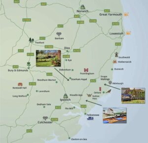 Suffolk Map showing Woodfarm Barns & Barges